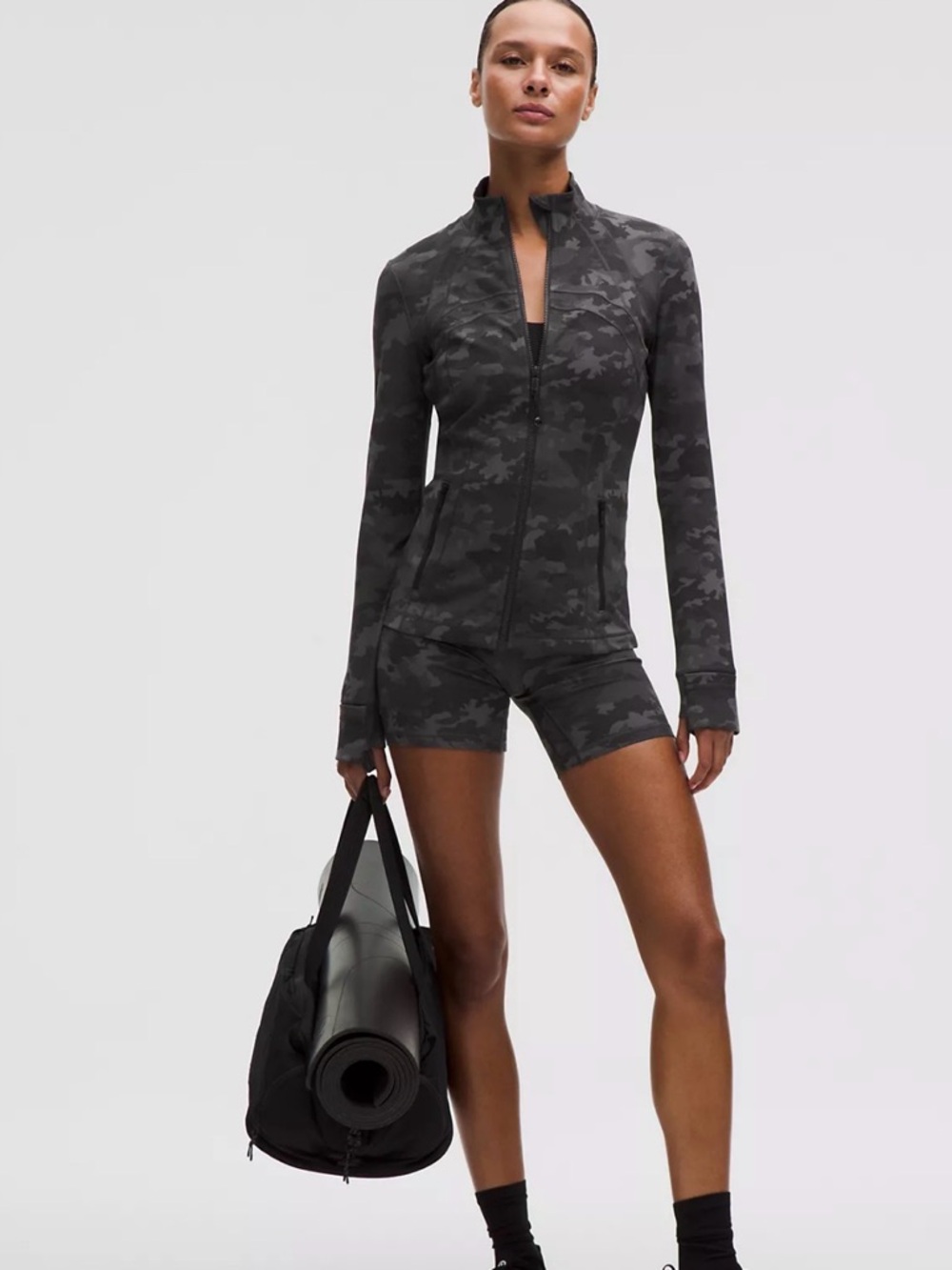 Camo Zip-Up Athletic Jacket and Short Set - Charcoal Camo
